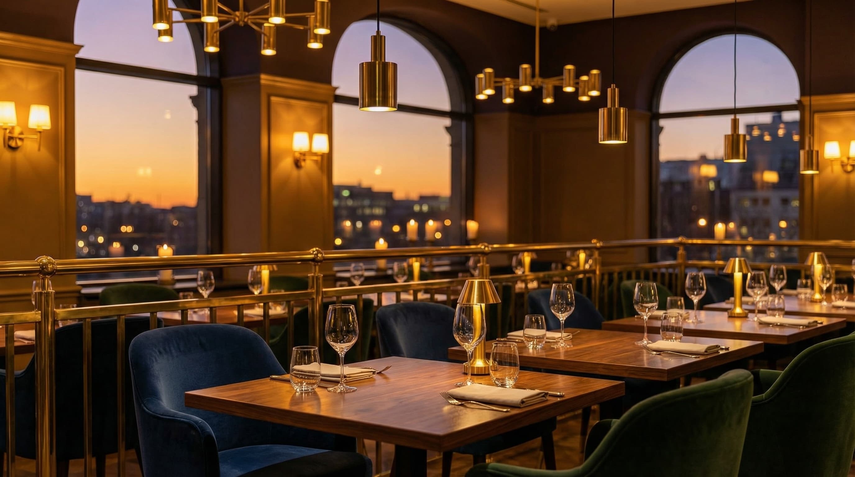 Elegant restaurant interior with warm golden lighting