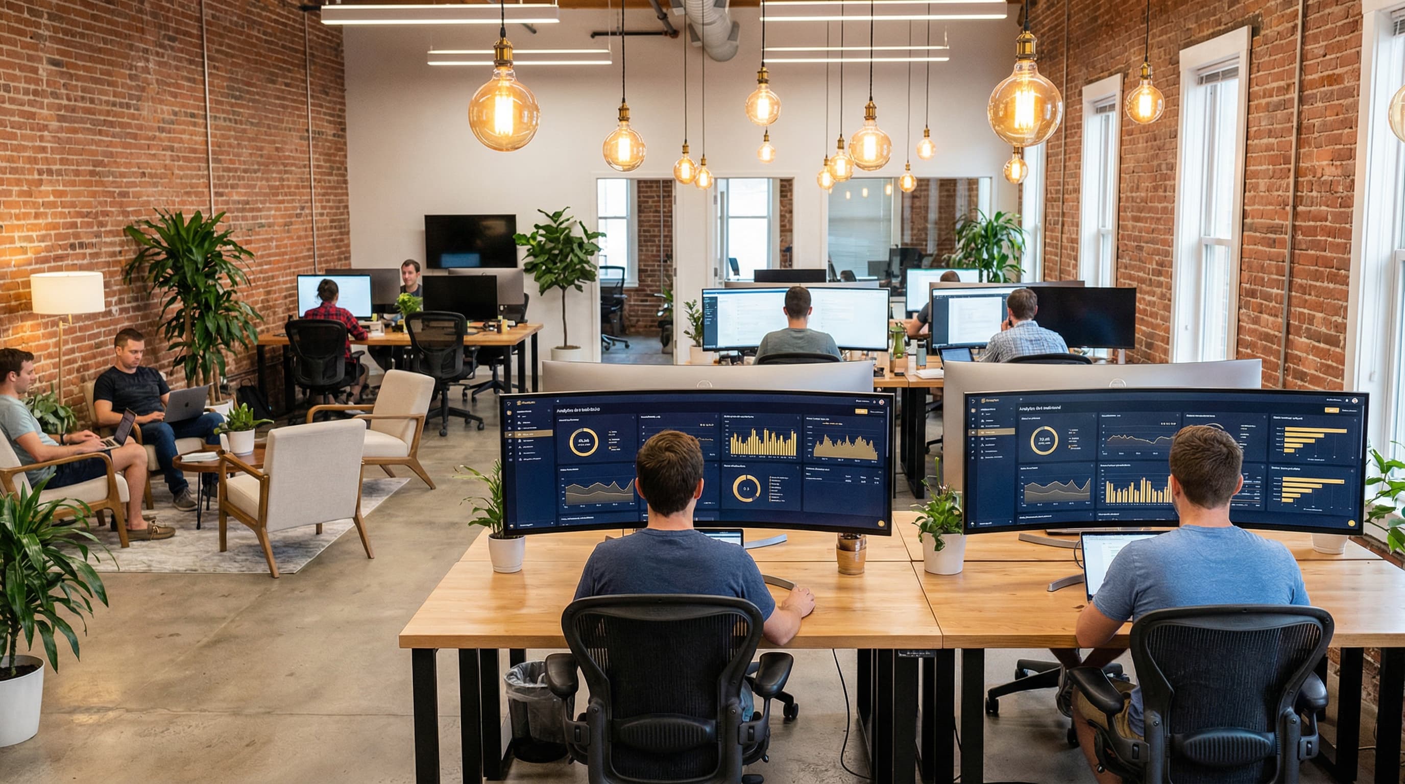 FlutéOS team working in a modern office with analytics dashboards