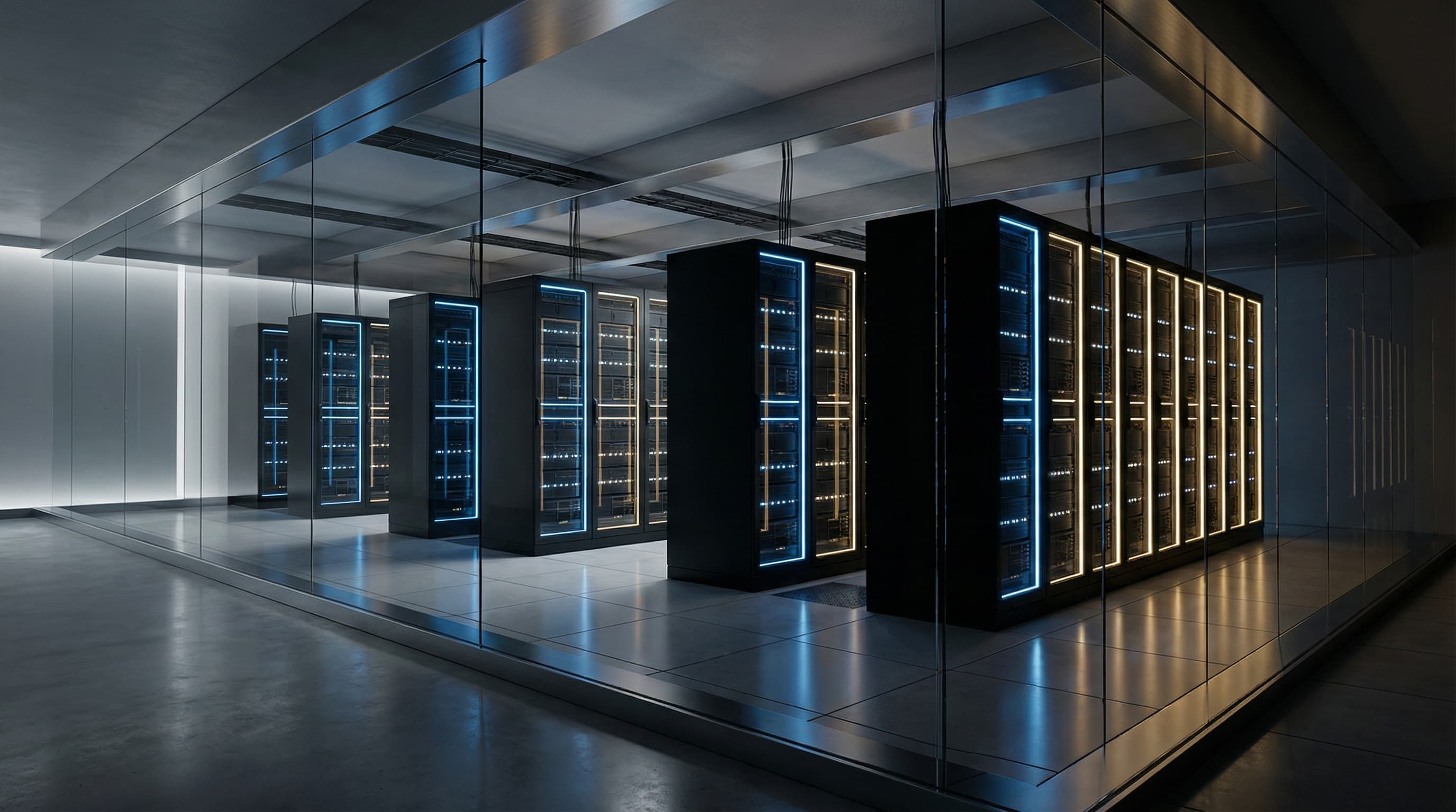 Modern server room with blue and gold LED lights