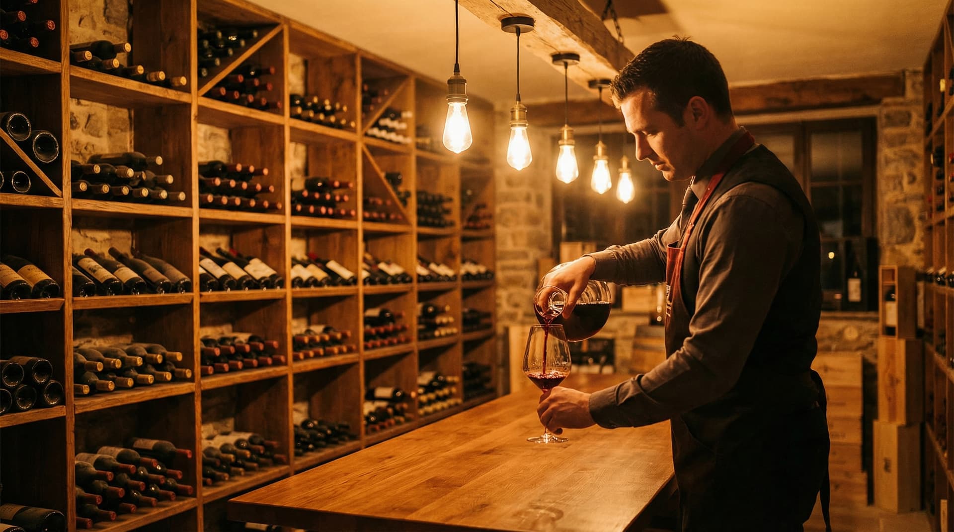 Sommelier pouring wine in an elegant cellar