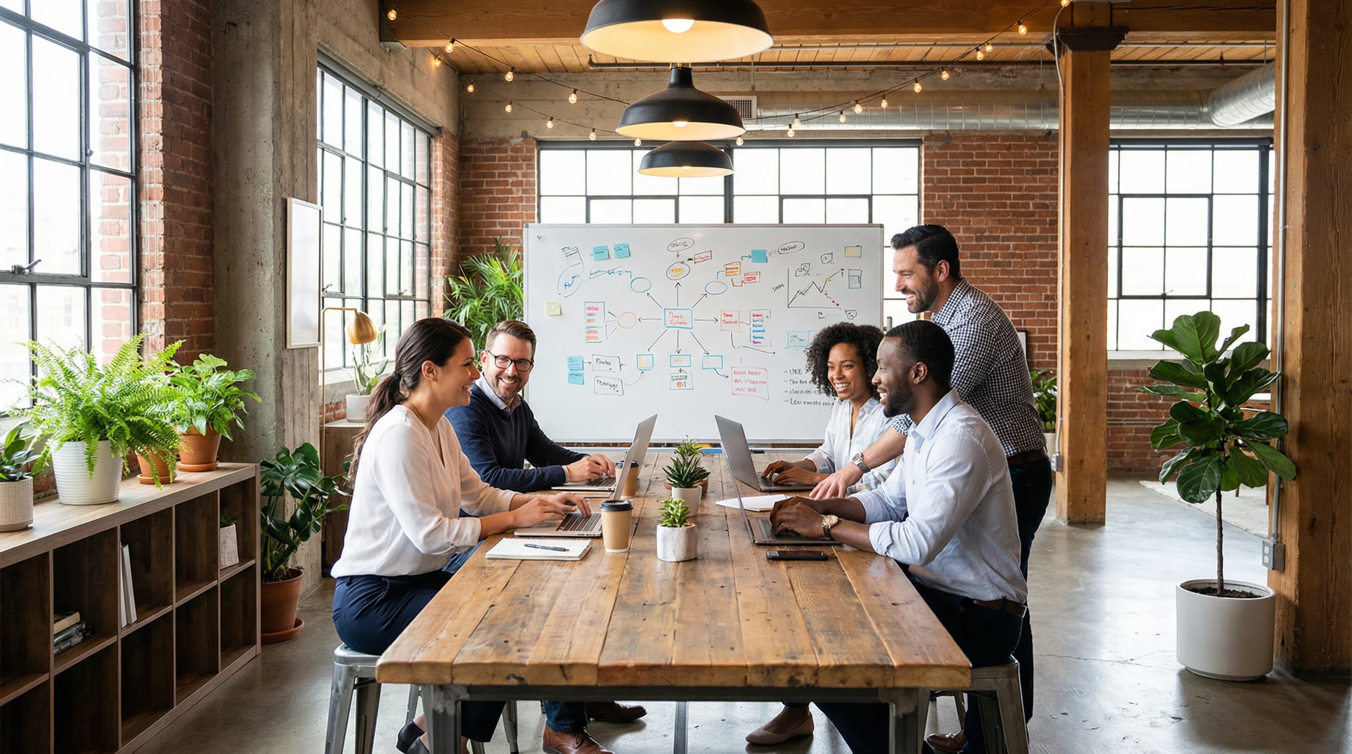 Collaborative team working together in a modern loft office