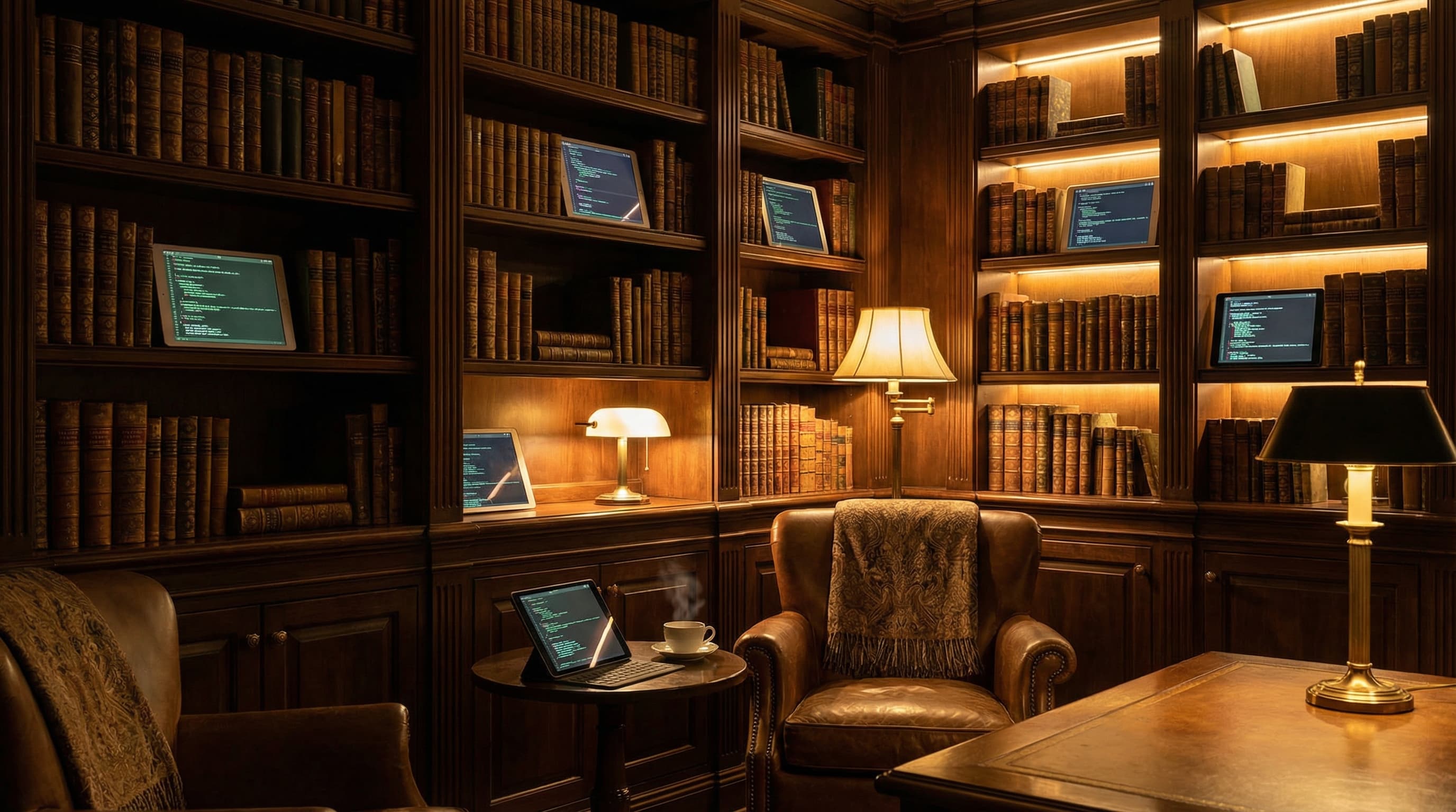 Luxury library with leather books and code on tablets
